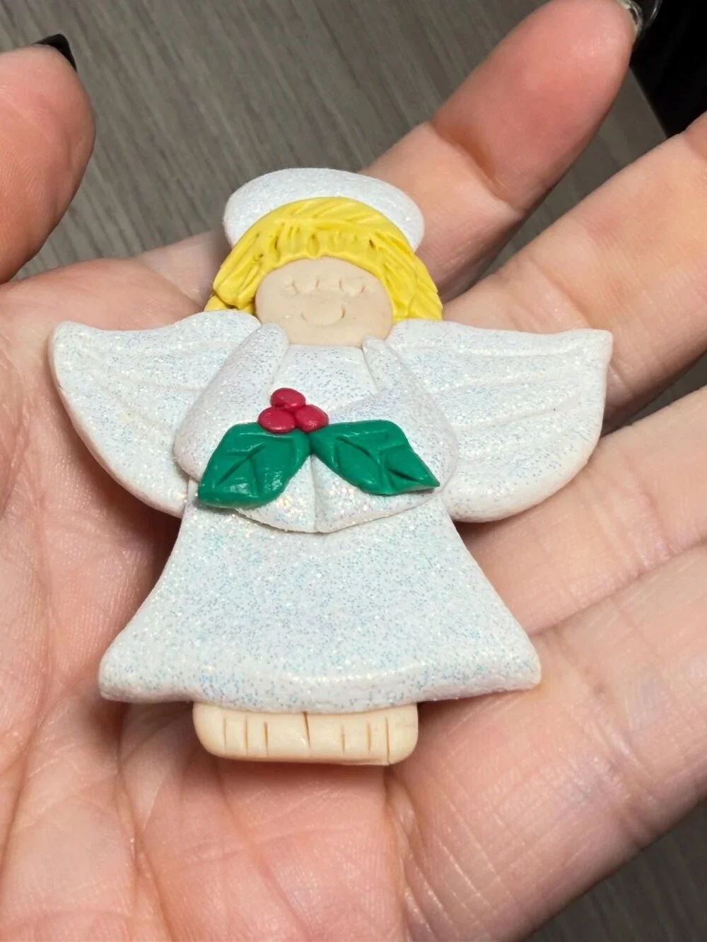 Handmade Clay Angel Christmas Brooch Glitter White Wings Holiday Pin 2.75”